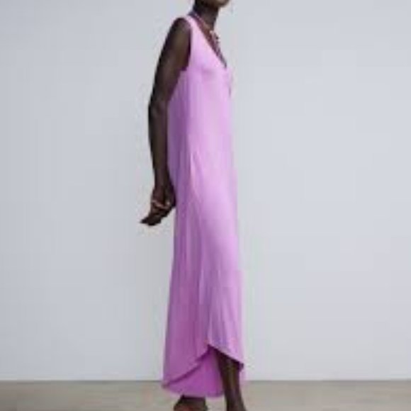 New York & Company Purple Beaded Halter Wide Leg Boho Relaxed Pockets Jumpsuit - Picture 4 of 9